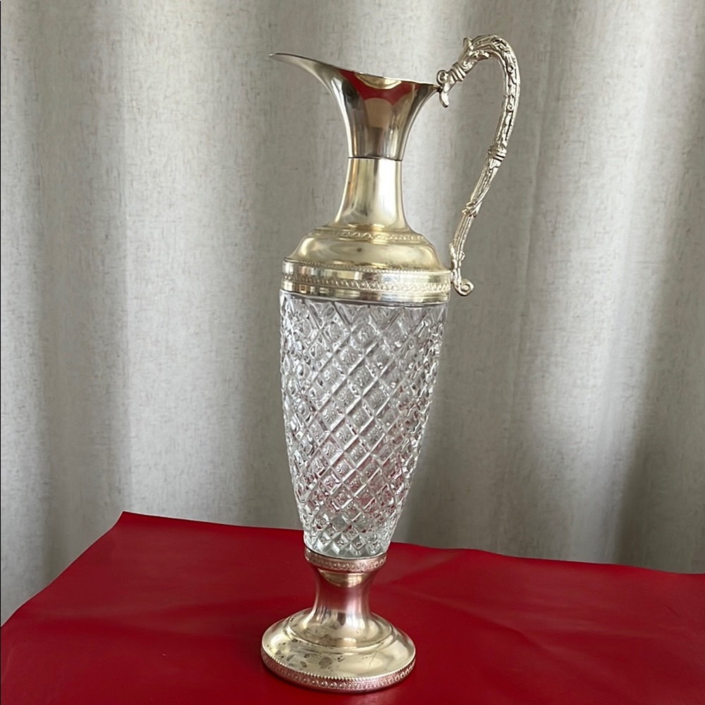 Vintage Italian Silver Plate and Glass Decanter With Handle 13.25”H